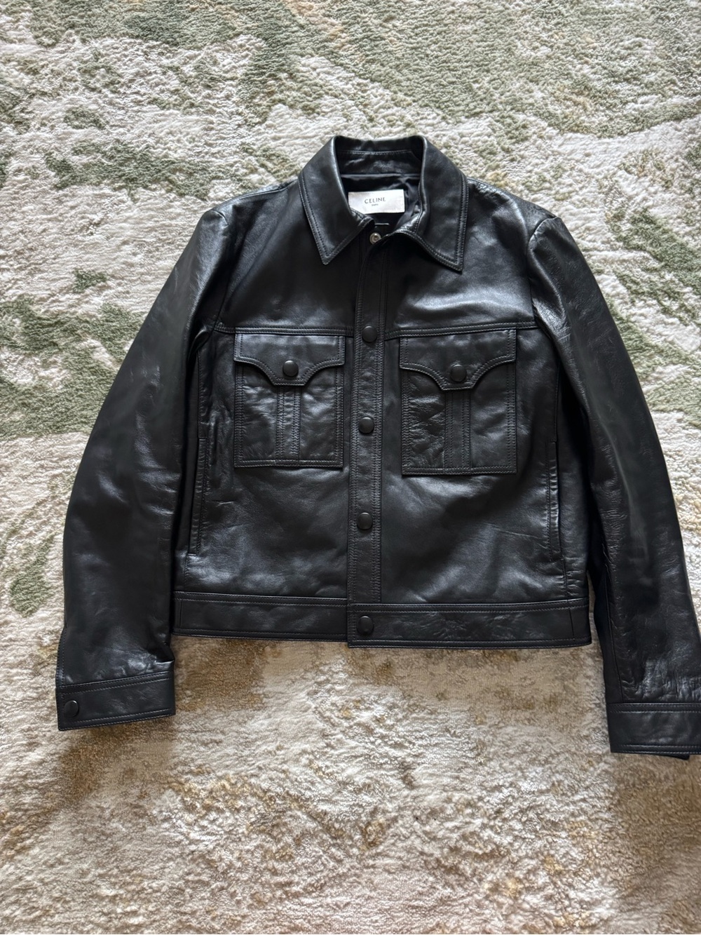 Celine Black Leather Bomber Jacket with Chest Flap Pockets